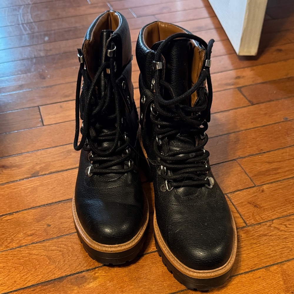 Women's Black Leather Lug Ankle Boots